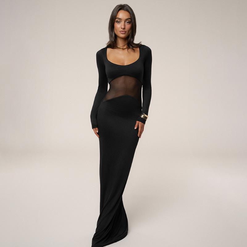 

New long-sleeved solid color perspective gauze splicing fashionable hip-wrapped low-cut tight sexy dress L чорний