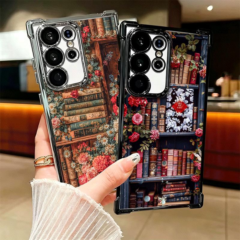 Read Books Illustration Bookshelf Soft Phone Case For Samsung Galaxy S26 Ultra S25 Edge S24 FE S23 Plus S22 S21 + S20 Plating An