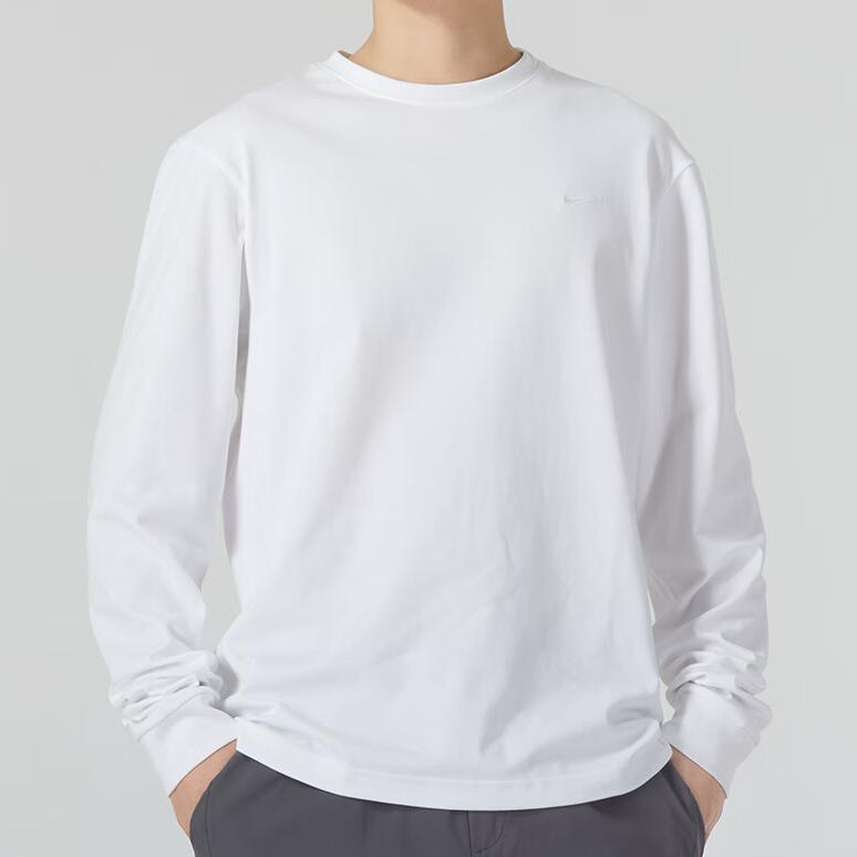 Nike Ensfarget Sport Fritid Løs Rund Hals Langermet Nedfelt Skulder T-skjorte Herre Topper Hvit FB8586-100