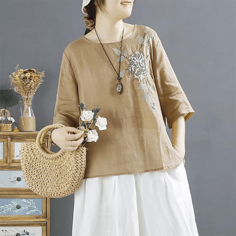 Literary Embroidery Retro Cotton Linen Summer Short Sleeve New T-shirt Loose Round Neck Pullover Top