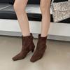 Braune kurze Stiefel Damen dicker Absatz hinten eckige Spitze 2025 neu Herbst und Winter europäisch und amerikanisch hinten Metallschnalle Wildleder dünne Stiefel