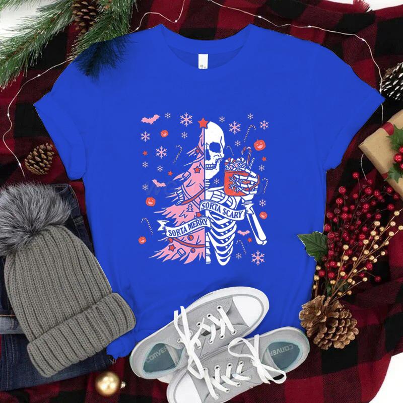 Street Christmas Fashion Short Sleeve Tshirts for Women Festive Skeleton with Coffee Tree Print Tshirt Festive Holiday Tee Top