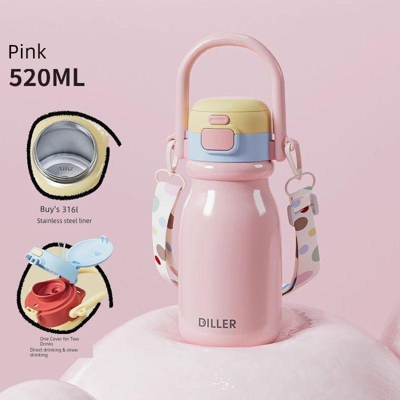 

Large-Capacity Thermos Cup for Girls, Stylish New Water Bottle with Strap, Crossbody Style for Boys, Portable for School Use, with a Straw Pink 520ml [Double Drink in One Cup + 316L Liner]