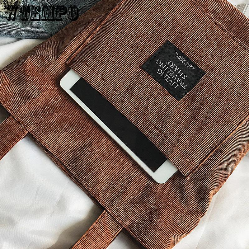 WTEMPO Women's Canvas Single Shoulder Bags Corduroy Large Capacity Crossbody Bag Female Casual Plaid Solid Color Handbags