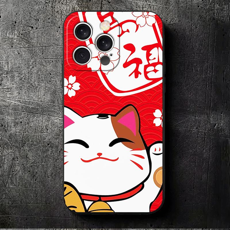 Lucky Cat Maneki Neko Japanese Soft Phone Case for iPhone 16 16E 17 Air 15 Pro Max 14 Plus 13 Mini 11 12 7 Black Cover Back Shel