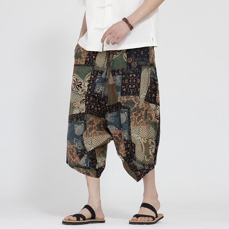 Summer men's printed large pants beach pants large size trend loose zen seven-point Harlan pants