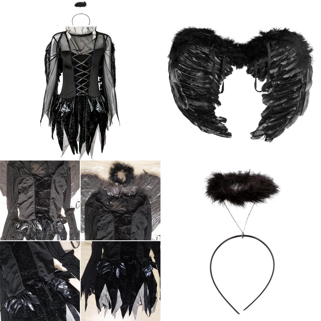 Stunning Halloween Women's Dark Angel Costume With Detachable Feather Wings And Plunging Neckline