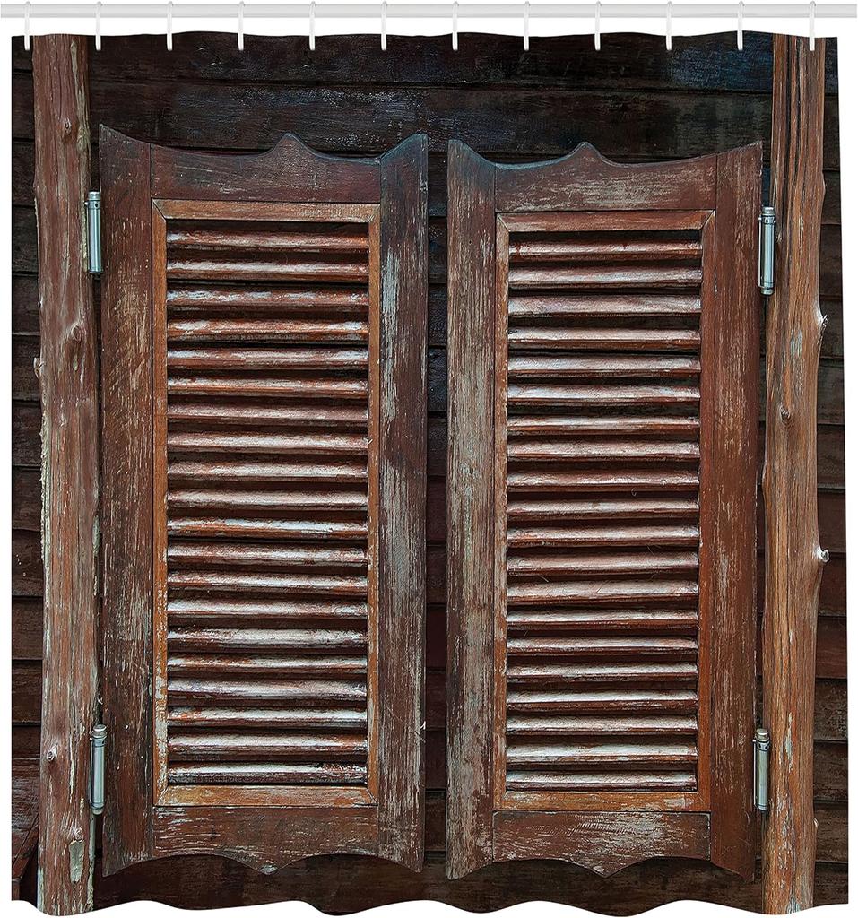 Western Shower Curtain Rustic Wooden Saloon Door Cowboy Bar Wild West Antique Style Decor with Hooks