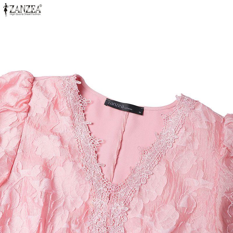 ZANZEA Women V-Neck Summer Short Sleeve Patchwork Lace Dress