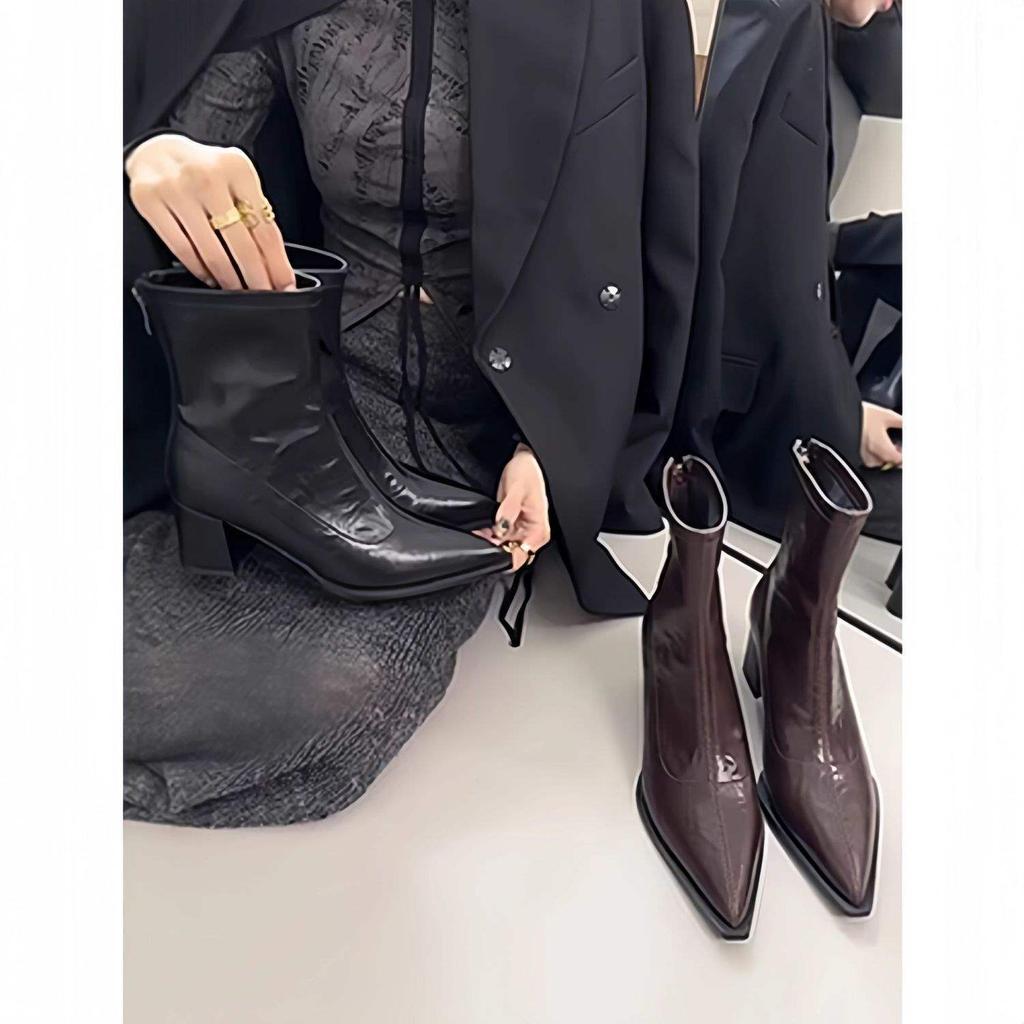 High-heeled short boots women's thick heel pointed rear zipper 2025 new autumn and winter versatile black Martin boots