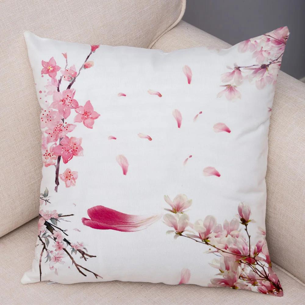 Pink Peach Blossom Cushion Cover Decor Watercolor Cartoon Plant Tree Pillow Case for Sofa Home Car Soft Plush Pillowcase 45x45cm