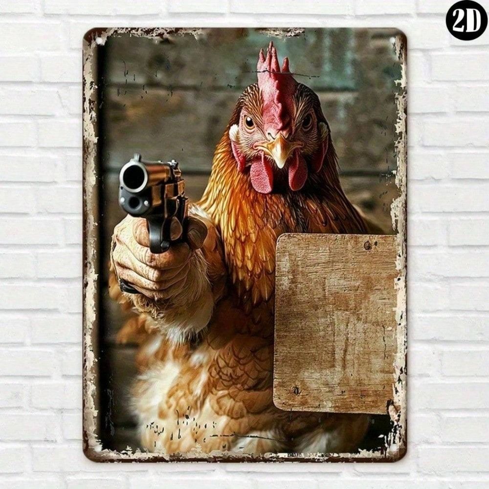 

Vintage Metal Poster Rooster With Gun 8x12 inch Bar Wall Art