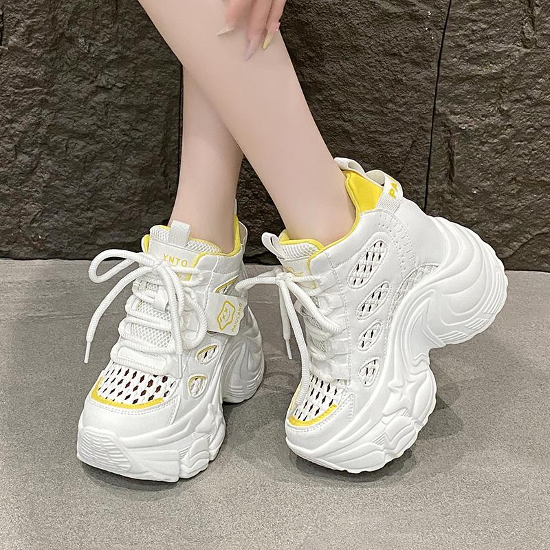 Fashion New 2025 Chunky Leather Sneakers Summer Lace-up Casual Vulcanized Shoes Woman High Platform Breathable Mesh Sport Dad Shoes 10CM