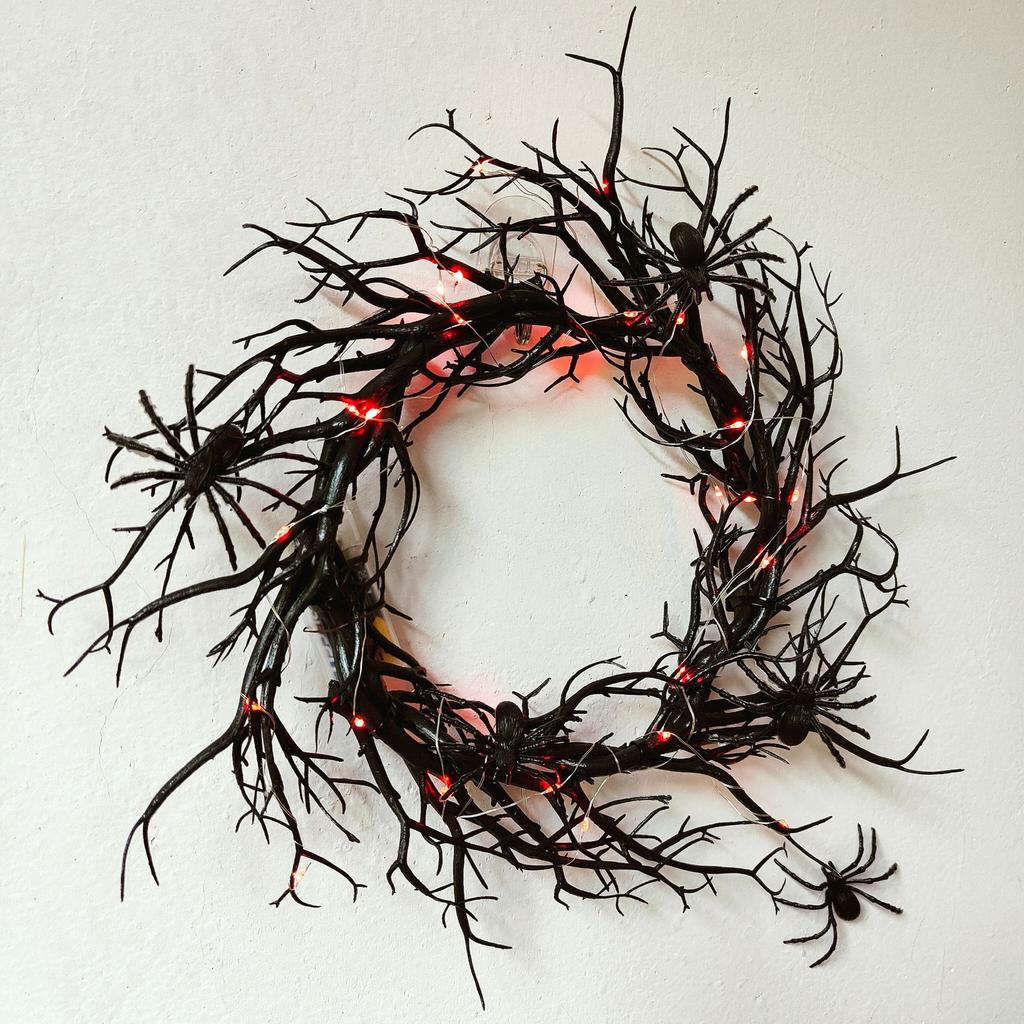 Wreath Decoration for Front Door LED Lights Glitter Black Branch Halloween Decorations Scary Home Indoor Outdoor Party Decor
