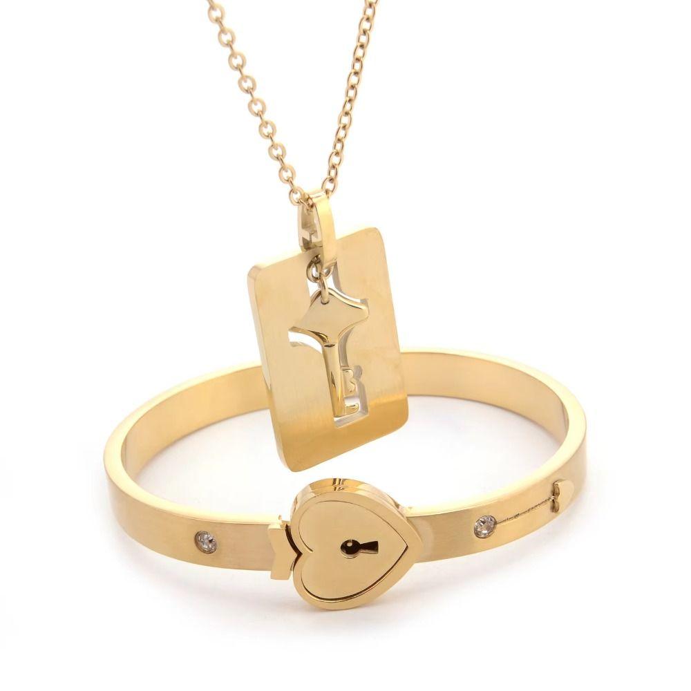 Stainless Steel Heart Lock Bracelets Gold Silver Key Pendant Necklace  Jewelry Gift