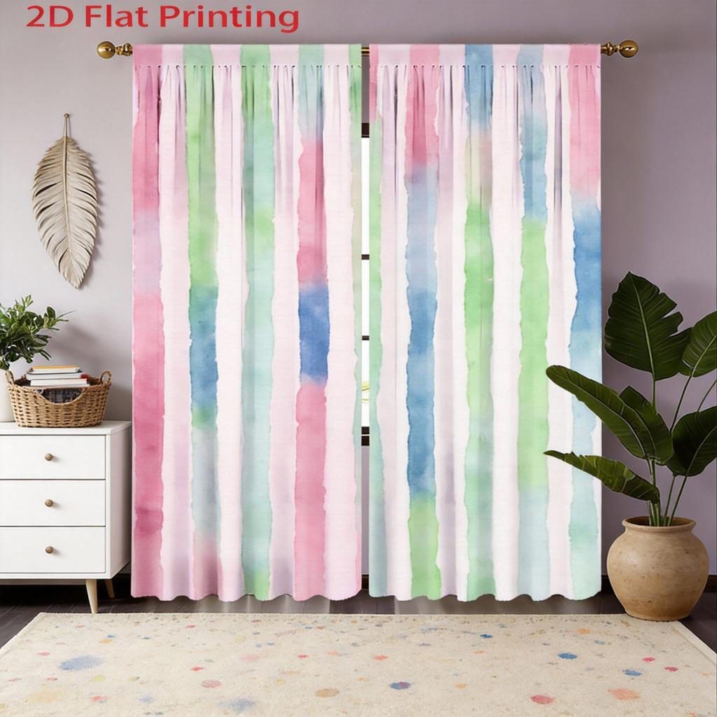 Watercolor Stripe Curtains 2pcs – Green and White Vertical Stripes, Modern Minimalist Decor for Living Room and Bedroom