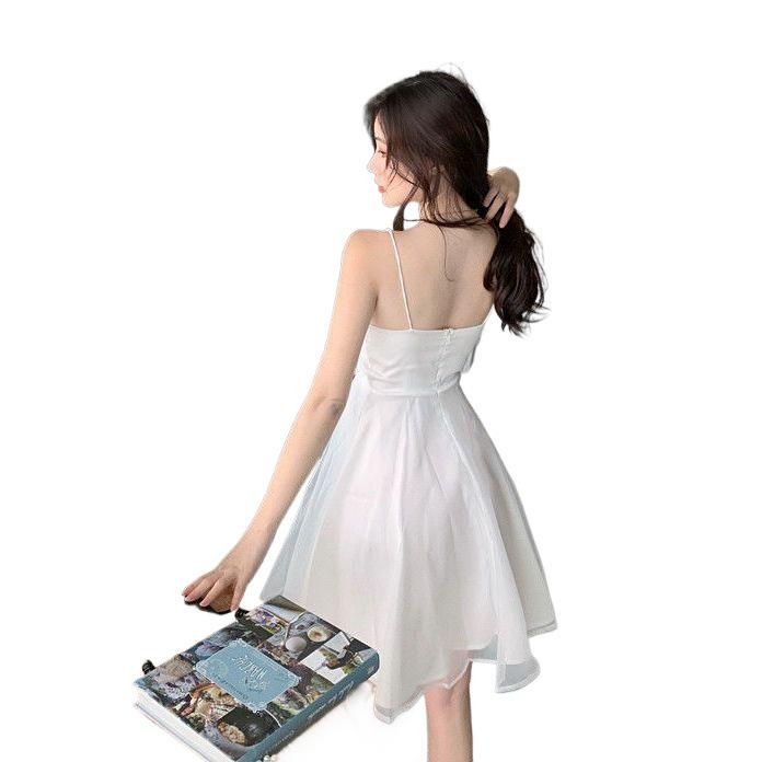French Fairy Bubble Gauze Spaghetti Strap Short A-line Dress with Cinched Waist