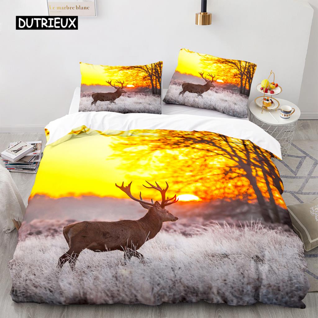 Bettbezug mit Hirschmotiv, 3D-Sonnenuntergang, Elch-Bettwäscheset für Kinder und Mädchen, weicher Mikrofaser-Bettbezug mit Reißverschluss