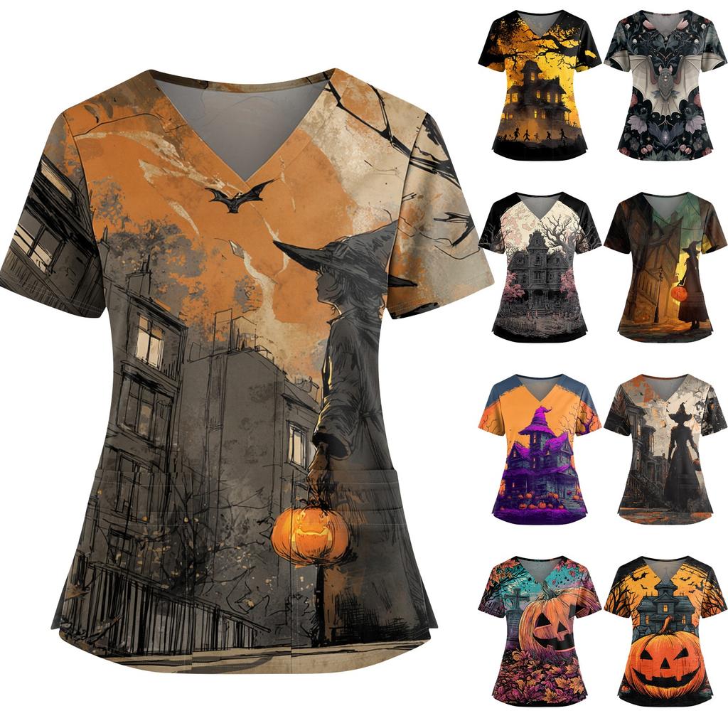 Women's Halloween Printed V-Neck Double Pocket Short Sleeves Hem Slit Uniform Caregiver Top
