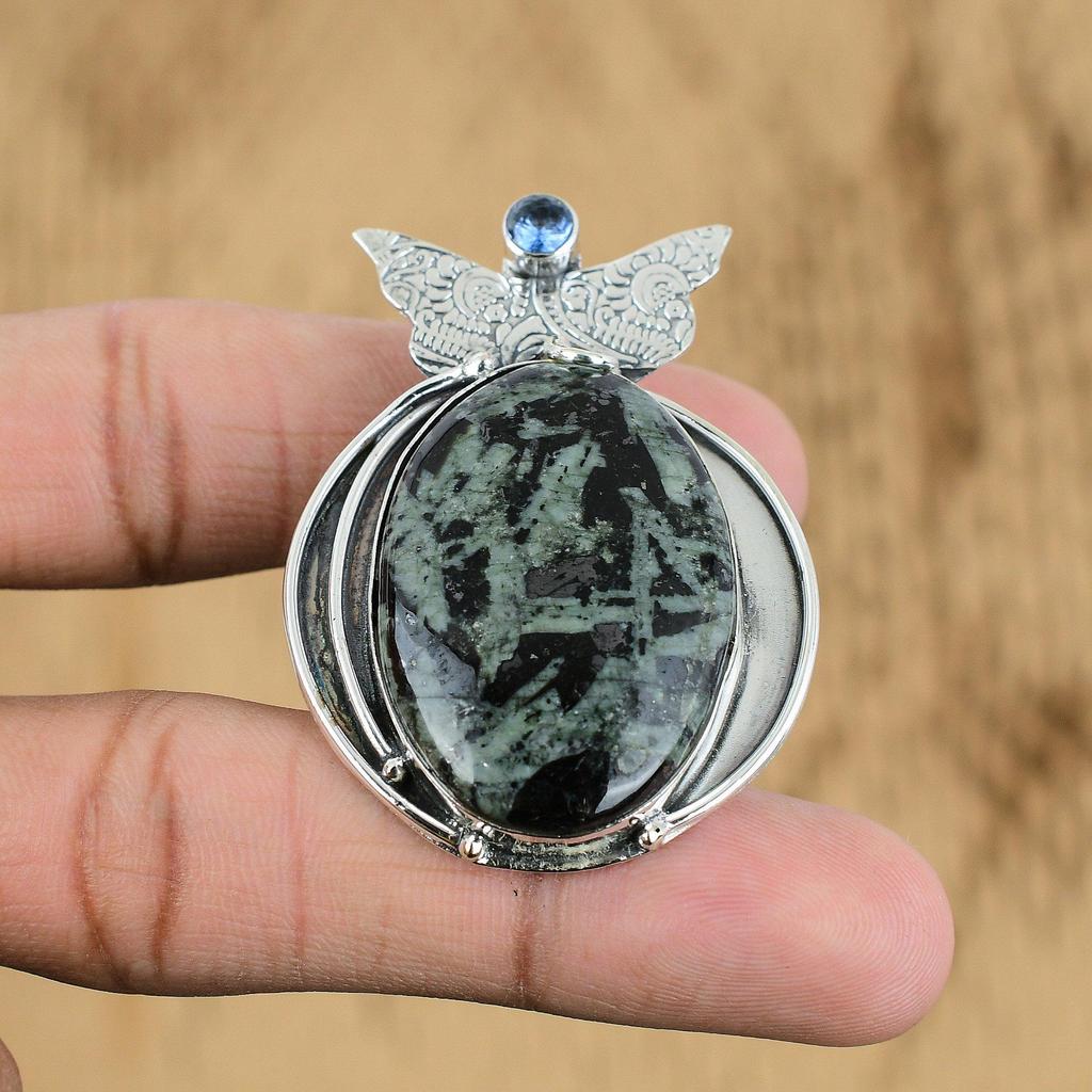 Natural Rice Jasper Gemstone Pendant Green 925 Sterling Silver Indian Jewelry