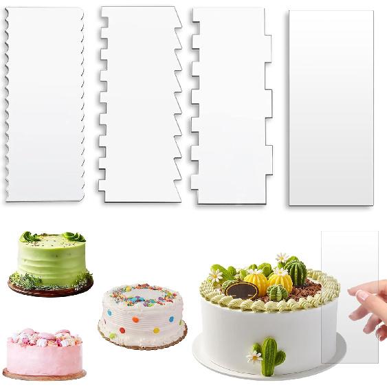 Cake Scraper, 4PCS Clear Acrylic Icing Smoother Stripes Cake Decorating Comb, Edge Smoother Tool for Mousse Butter Cream Decoration, DIY Kitchen