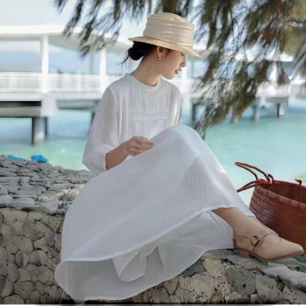 LYRIA Ramie White Dress Elegant Femme Spring Summer Double Layered Mid Length Dress for Women Y2K