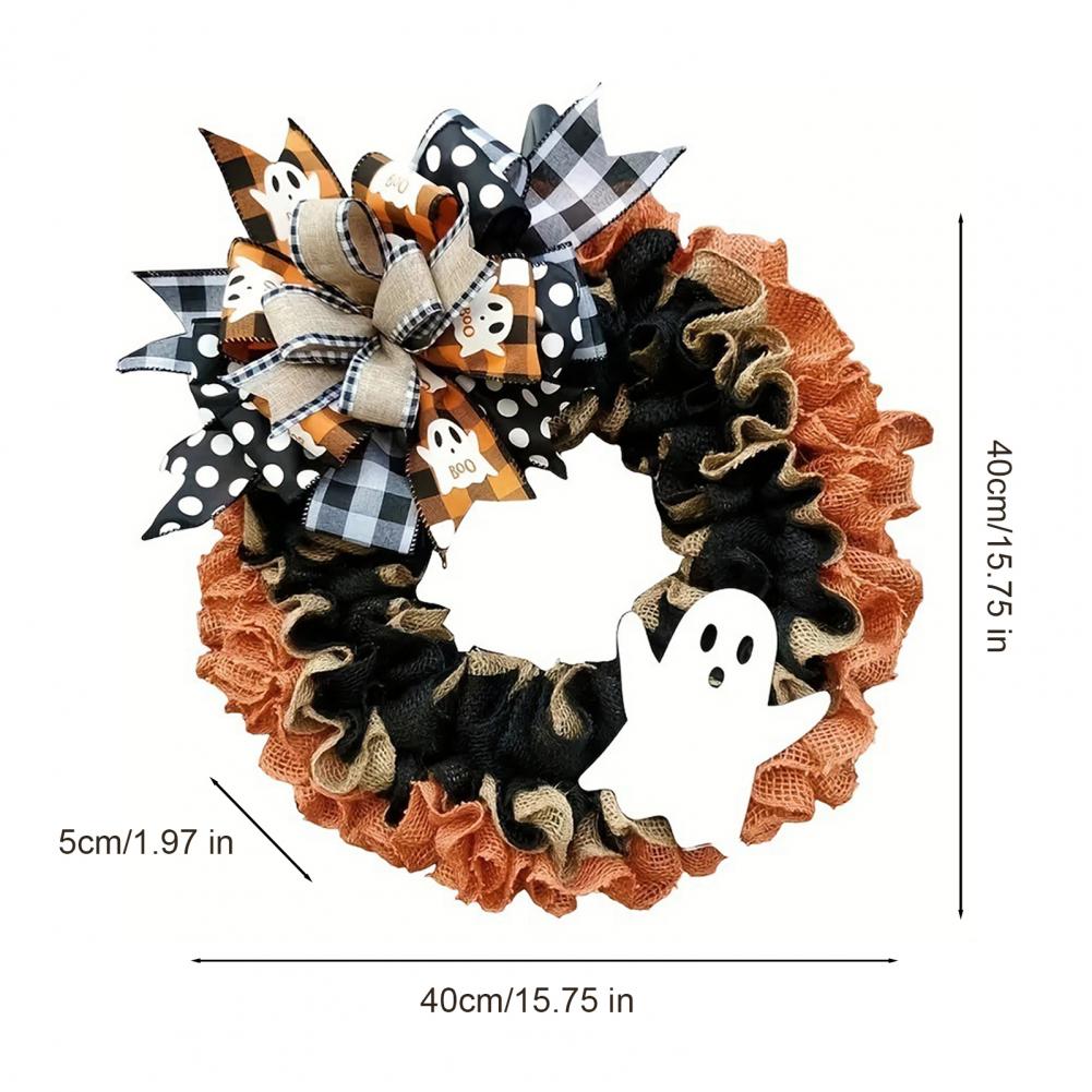 Happy Halloween Decorations Rustic Halloween Ghost Wreath with Plaid Bow for Farmhouse Porch Decor Spooky Front Door Decoration