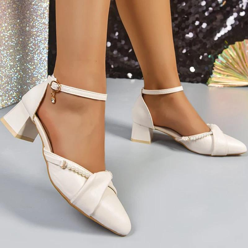 Fashion Elegant Diamond Buckle Strap Women'pumps Summer 2025 Pearl Pointed Toe Pumps Woman Casual Solid Shallow Women's High Heels