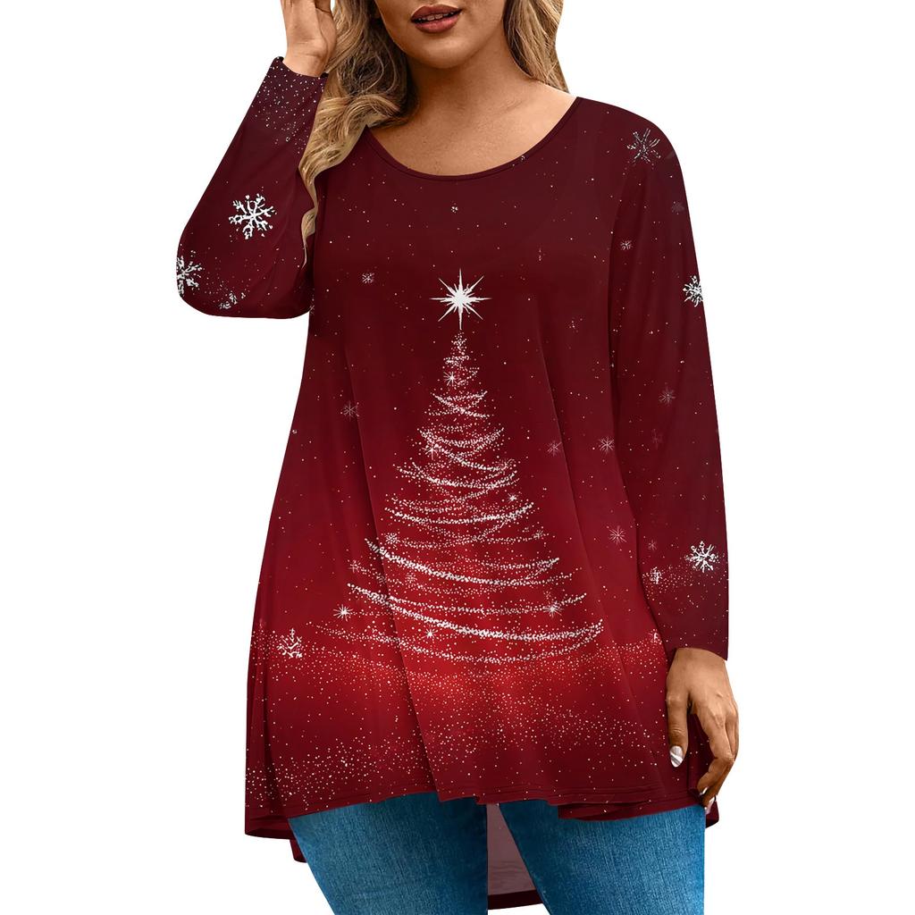 Women's Fashion Large Size Round Neck Long Sleeve Casual Christmas Print Loose Pullover Top