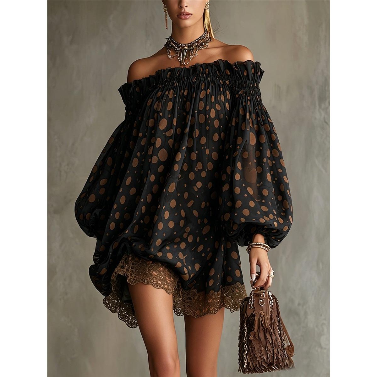 Damen schulterfreies gepunktetes Hemd Laternenärmel langärmelig locker Chiffon kurze Oberteile lässig Urlaubshemd XS schwarz
