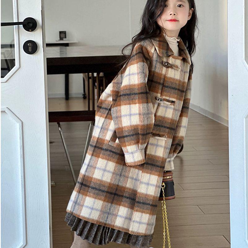 2025 Mädchen Koreanischer Stil Karierter Wollmantel - Mittellang Herbst/Winter Modetrend