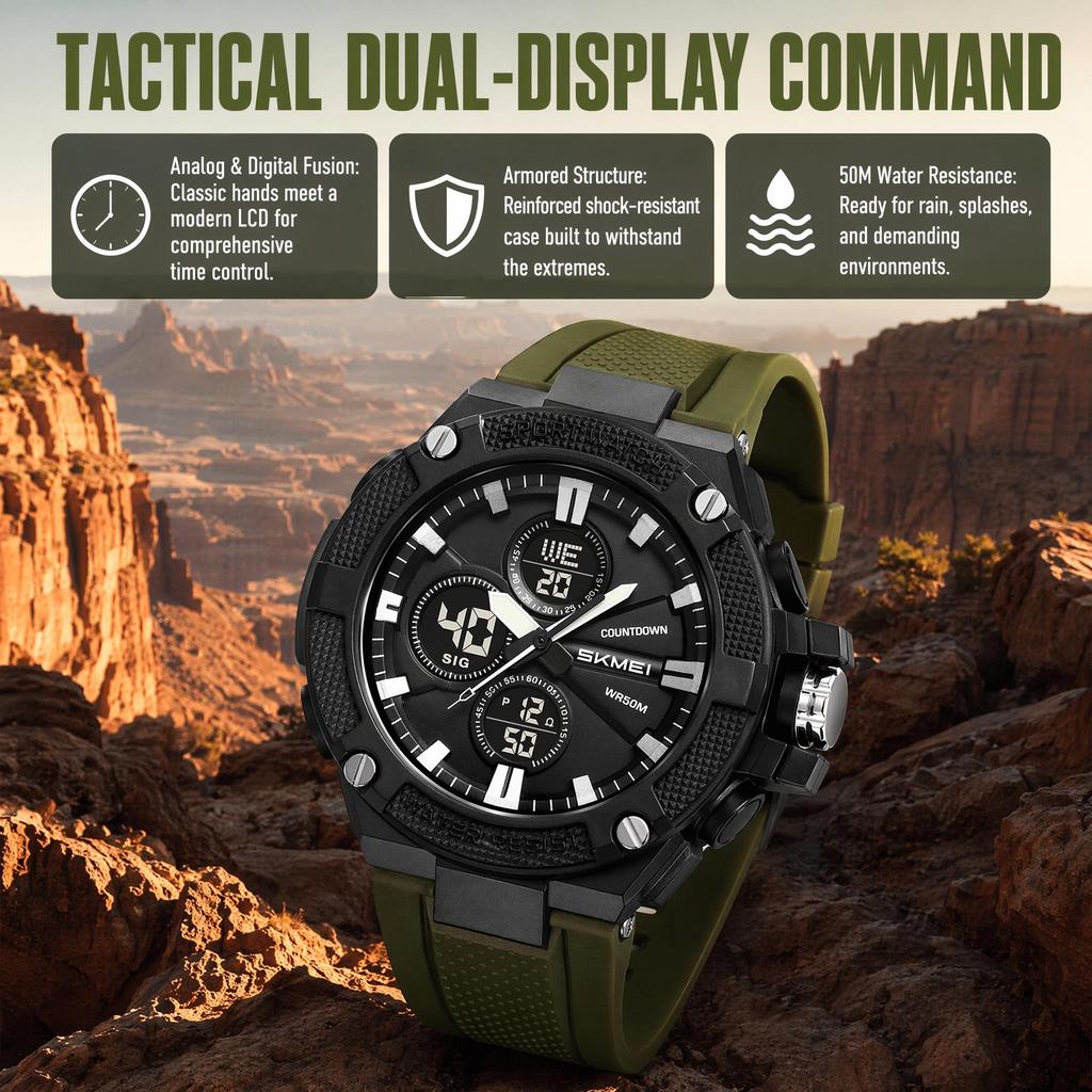 Skmei 2604 Relógio Digital Tático Masculino Verde Militar Hora Dupla Resistente à Água 50M