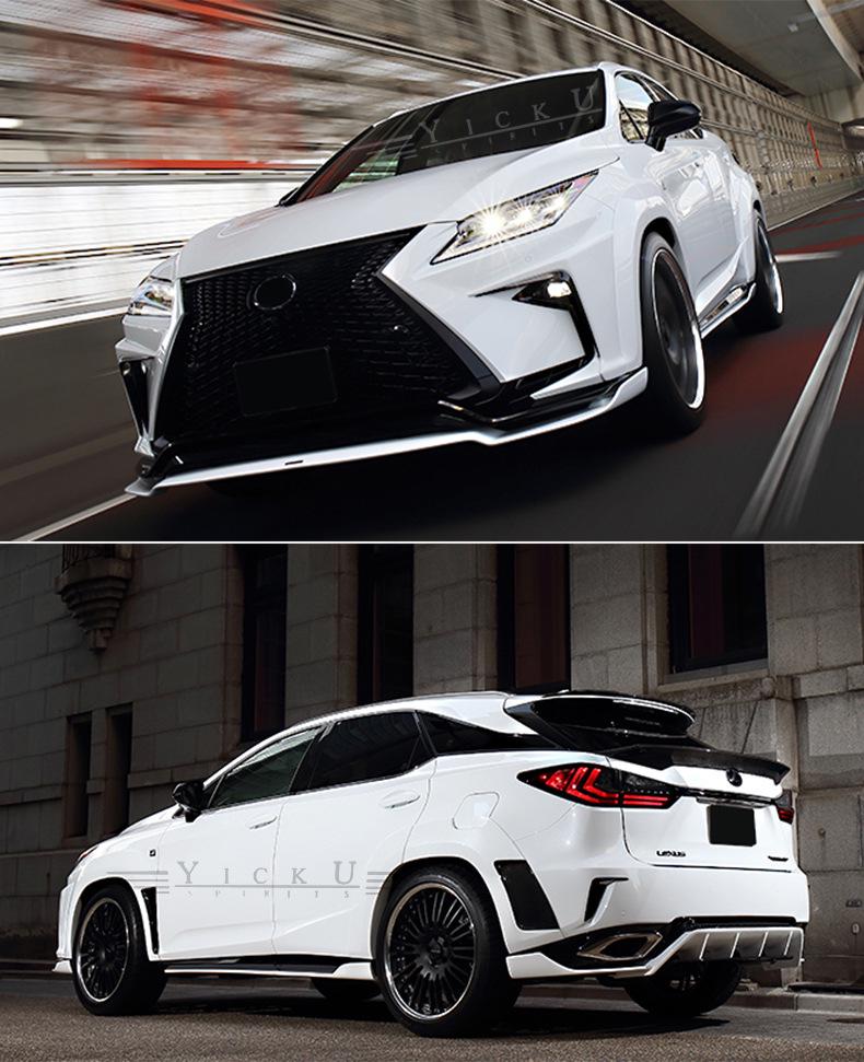 Compatible with 2016-2019 Lexus RX: Front/rear Lips, Side Skirts, Lower Lip, Resin Arches, ART Roof, Rear Wing, and Canards.