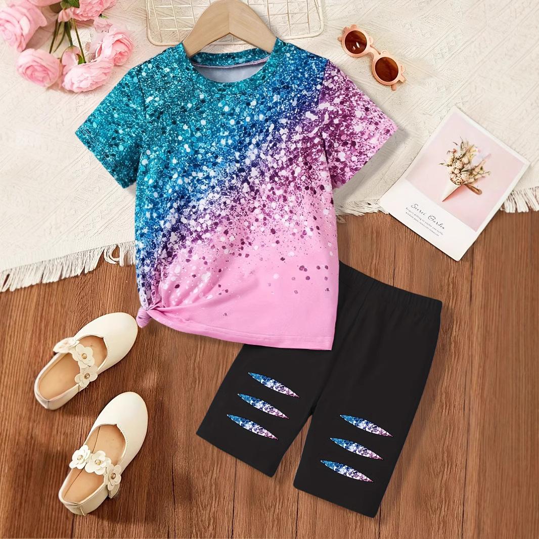 

Летний повседневный костюм из двух частей для девочек с блестками и принтом в виде пайеток, с круглым вырезом и короткими рукавами 7-8Y
