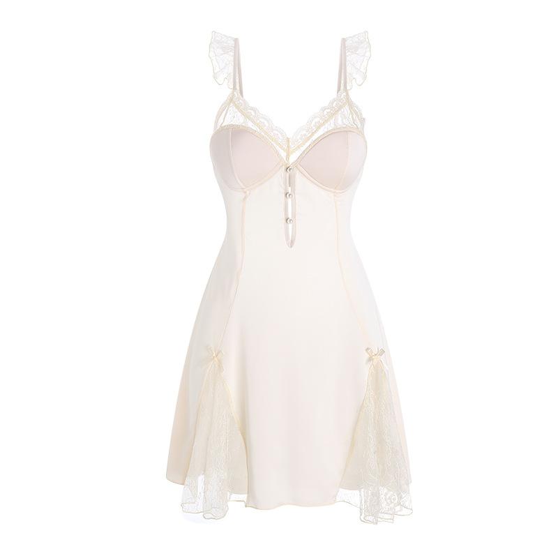 Women’s Sexy Deep V Sleep Dress Lace Sheer Mesh Backless Nightdress with Padded Bra