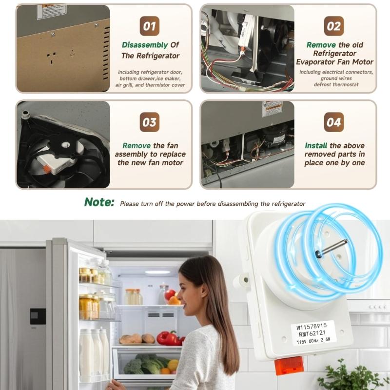 115V Refrigerator Evaporator Fan Motor for W11578915 Fridge Replacement Part Fridge Condenser Fan Motor Accessories
