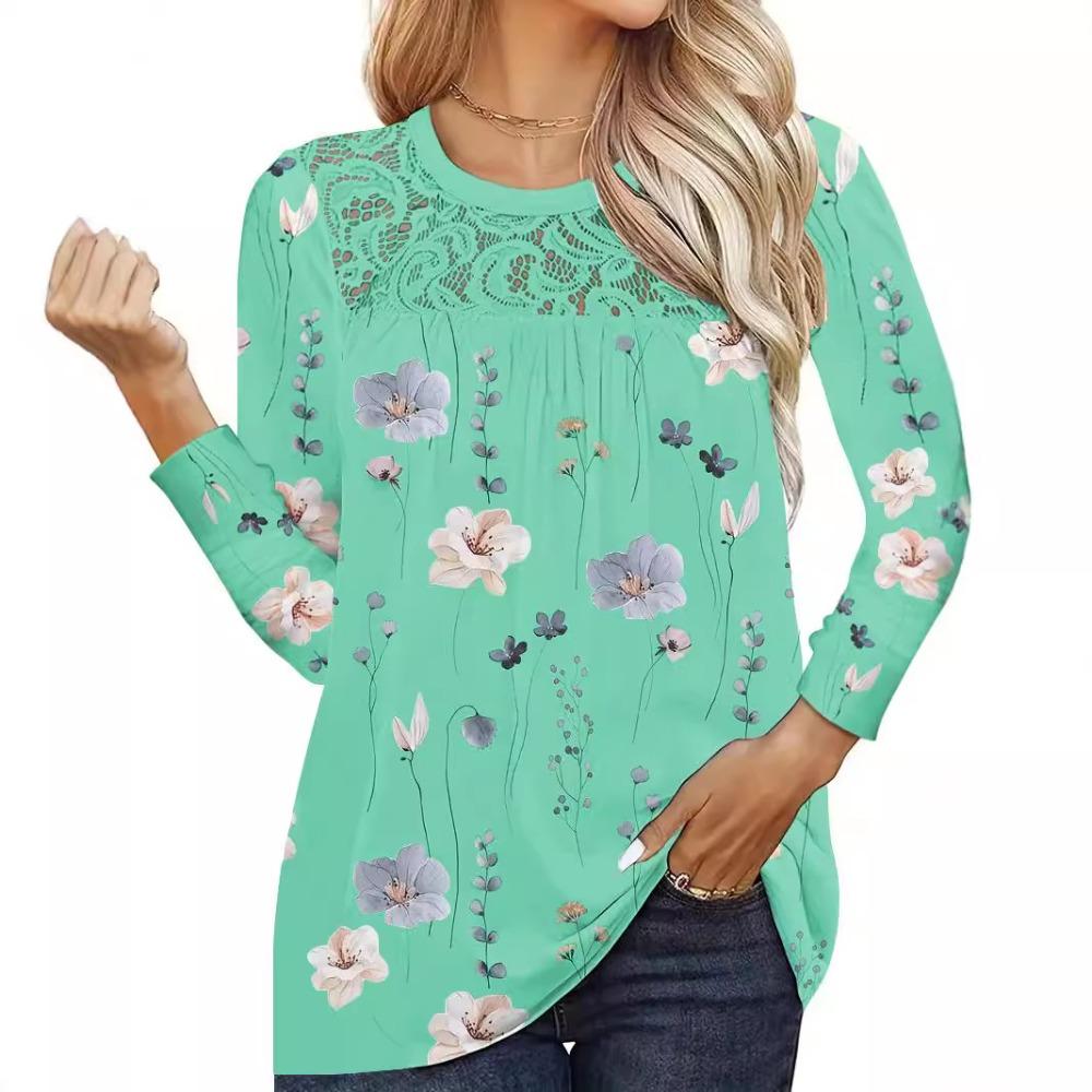 

Women s Fashion Tops Collar Long Sleeve Floral T-Shirt XXL зелений