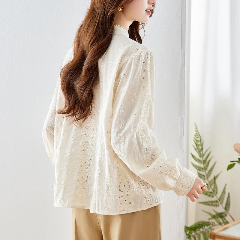 Apricot Embroidered Shirt for Women Long-sleeved Spring Stand Collar Top Temperament Lady Pure Cotton Embroidered Shirt