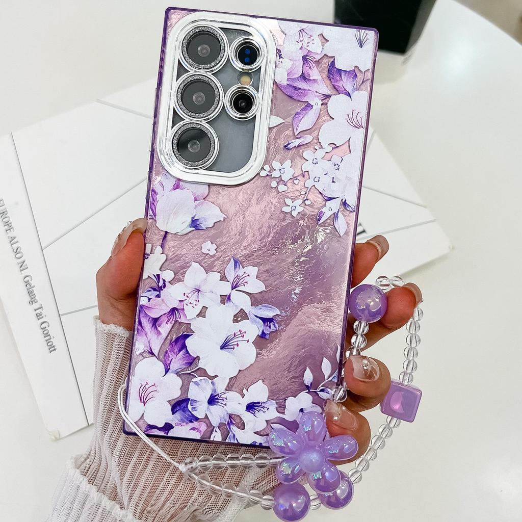 Samsung S25 Ultra Floral & Grass Lens Film Case - Full Coverage for S24 & A56, with Bracelet-style Protective Case