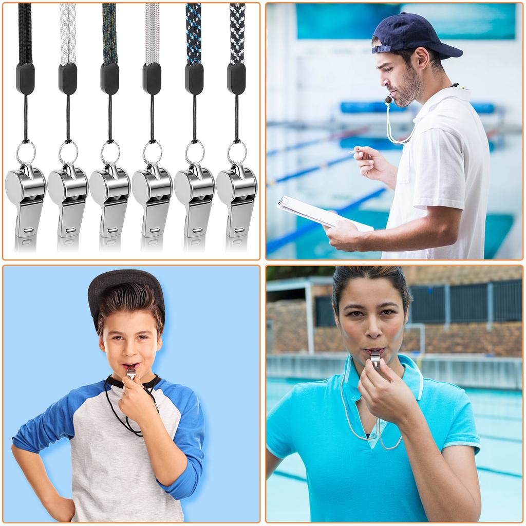 6 Pack Stainless Steel Sports Whistles With Lanyard Coach Whistle Loud Crisp
