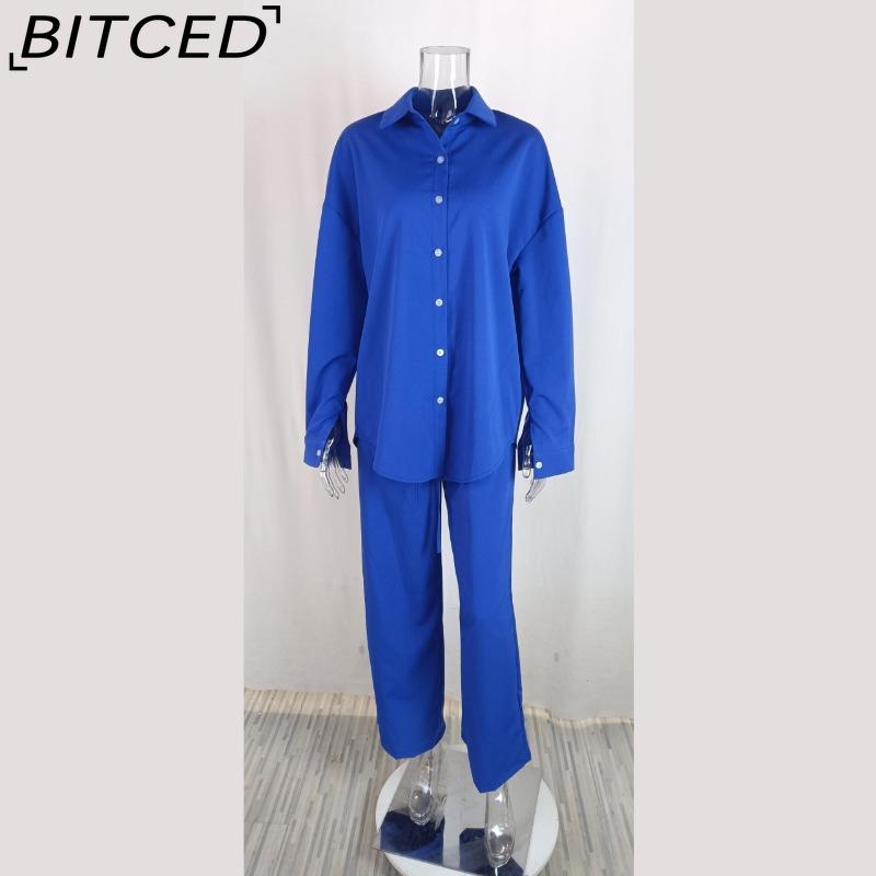 BITCED Herbst und Winter Locker Stretch Knitterhemd Langarm Weitbeinige Hose Freizeitanzug Damen Zweiteiler