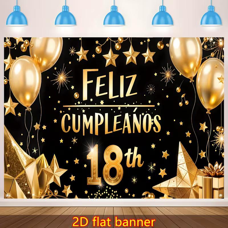 2D Black Gold Feliz Cumpleaños Backdrop for Spanish 18th Birthday Portrait Photoshoot