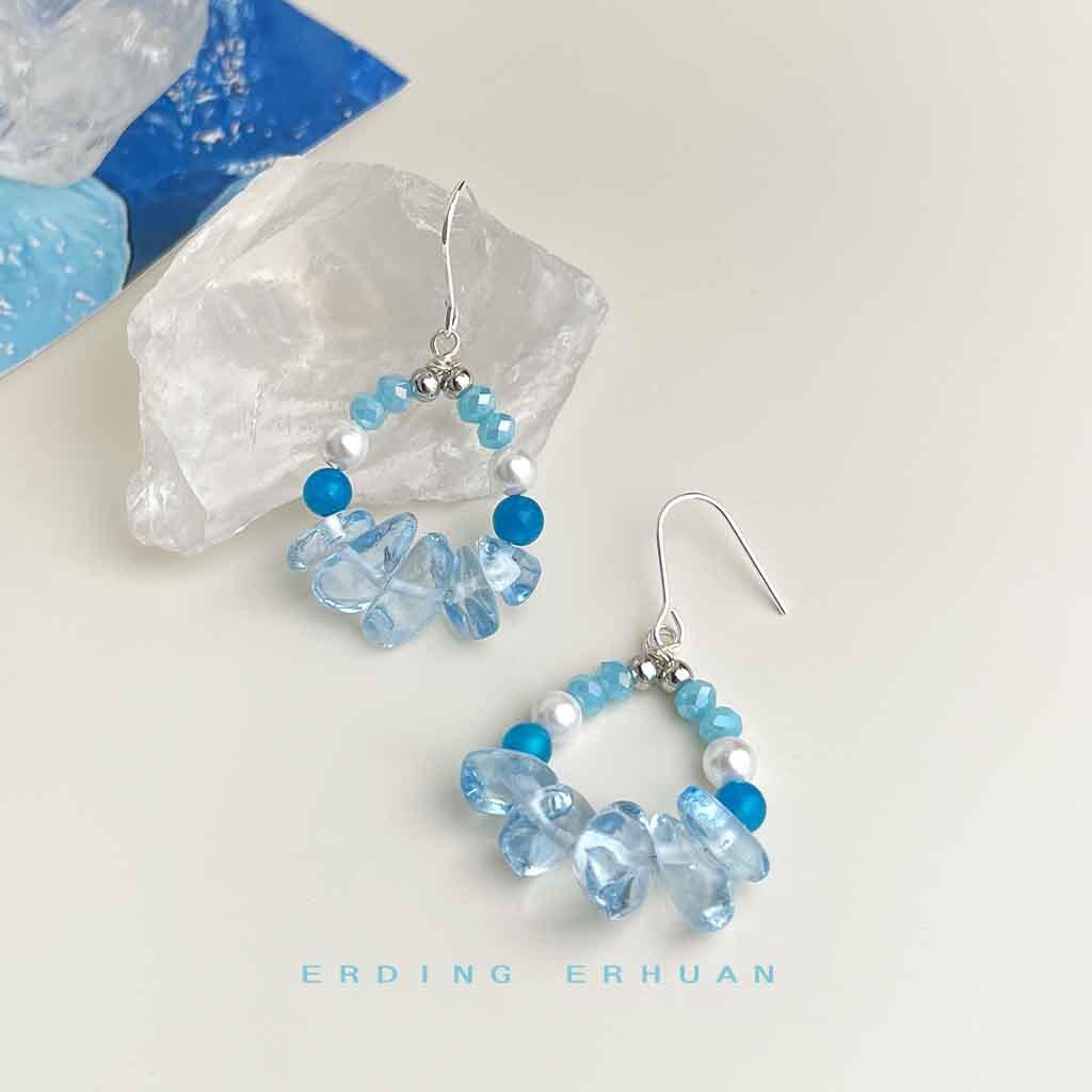 Winter glacier blue glass crystal fresh and sweet photo geometric temperament elegant earrings new earrings
