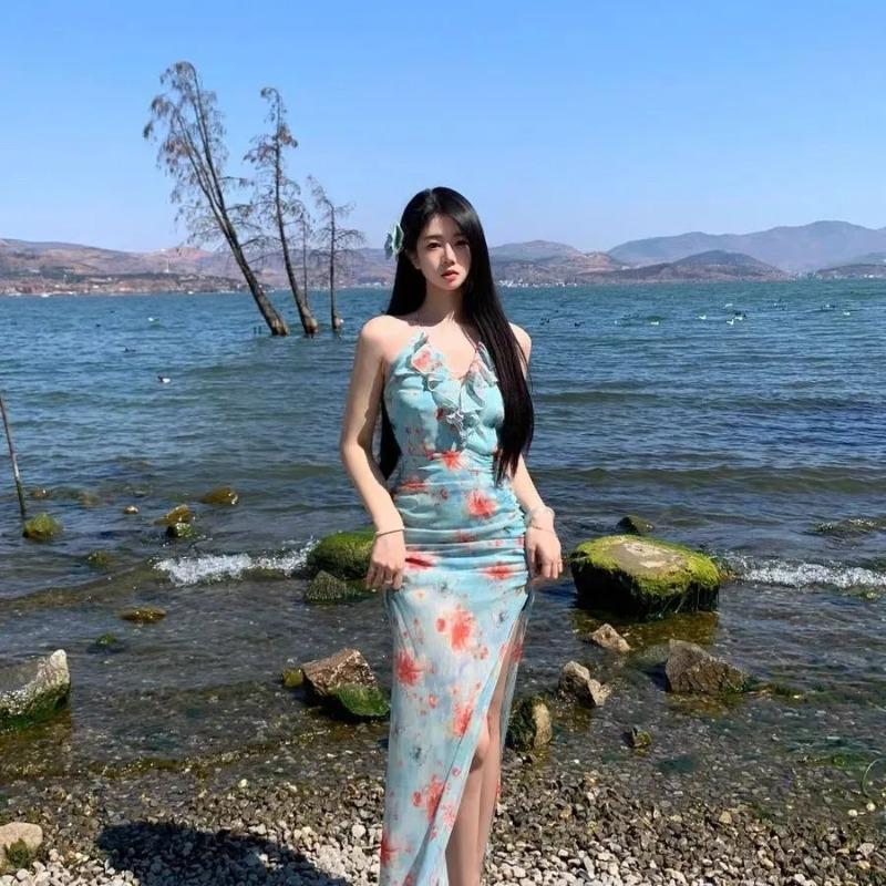 Women's Floral Print Halter High Slit Maxi Dress Boho Chiffon Beach Vacation Dress