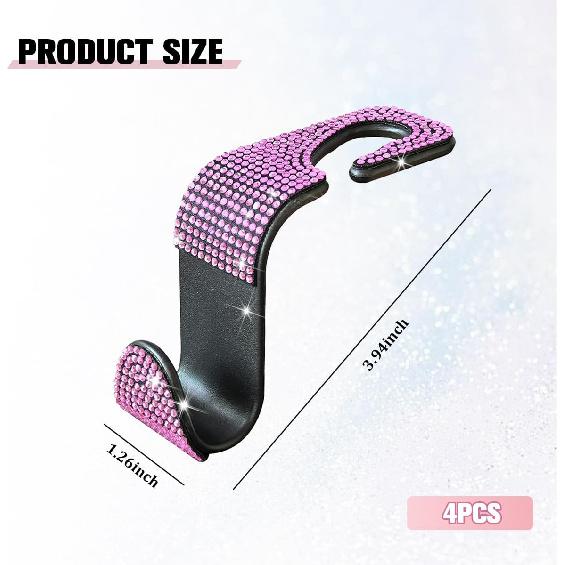 4PCS Bling Car Seat Headrest Hook, Crystal Rhinestone Backseat Hanger Organizer for Purse Handbag Umbrella, Shiny Auto Interior Seat Back Storage