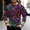 Round Neck 3D Aztec Graphic Printed Casual Long Sleeved Men's T-shirts - Soft Medium Stretch Polyester Fabric Spring and Autumn Relaxed Fit Clothing