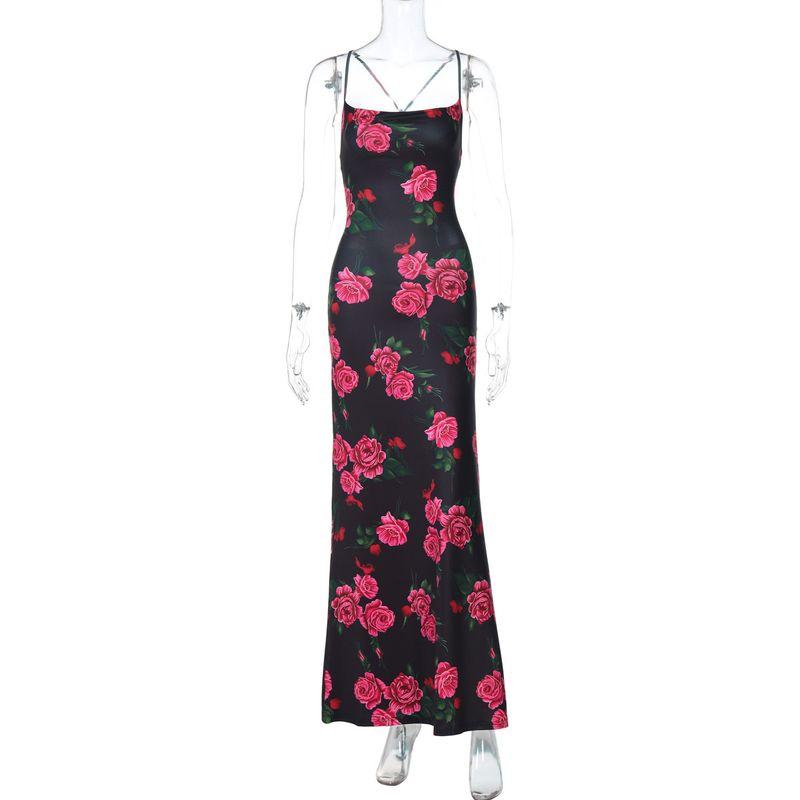 

Flower Print Sexy Backless Strap Dress Flower Print Open Back Tied Dress Black S