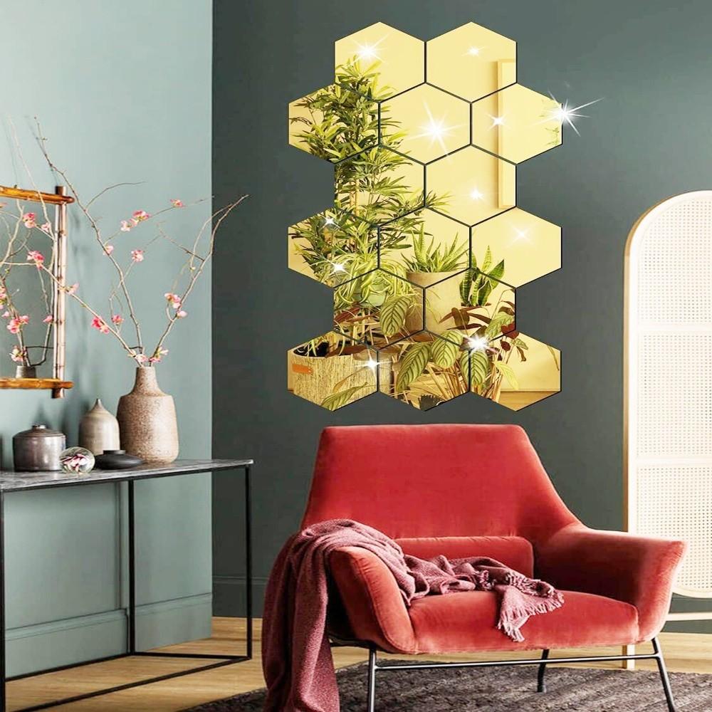 12pcs Acrylic Hexagon Mirror Wall Sticker Golden Hexagon Double-sided Tape Wall Decor Self-adhesive 2.95*5.12*5.91in