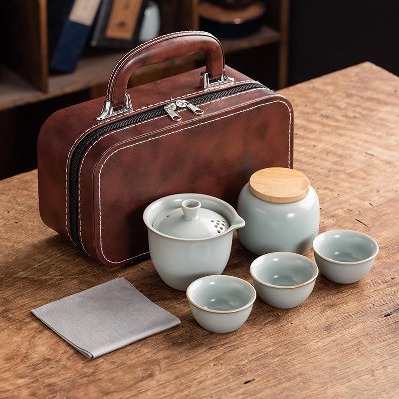 Celadon Ge Kiln Opening Film Can Raise Outdoor Portable Travel Tea Set, One Pot and Three Cups of Kuaike Tea Cup Gifts