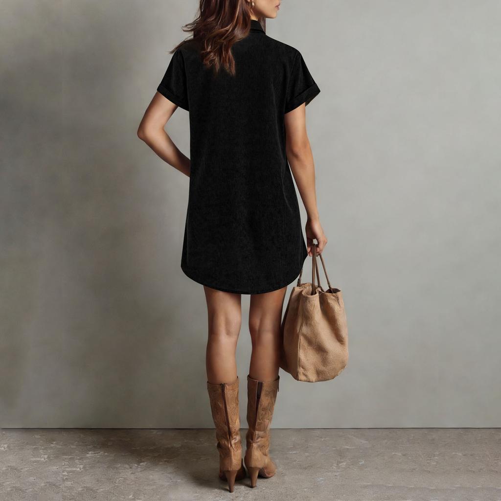 Vestito Chemise in Velluto a Coste Casual Vintage Vestibilità Larga Manica Corta Slim Collo a Revers Bottoni Vestito Corto da Donna